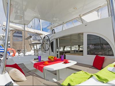 Deck of Bellevue, a Lagoon 380 S2 catamaran at Lavreotiki Municipal Unit, Greece