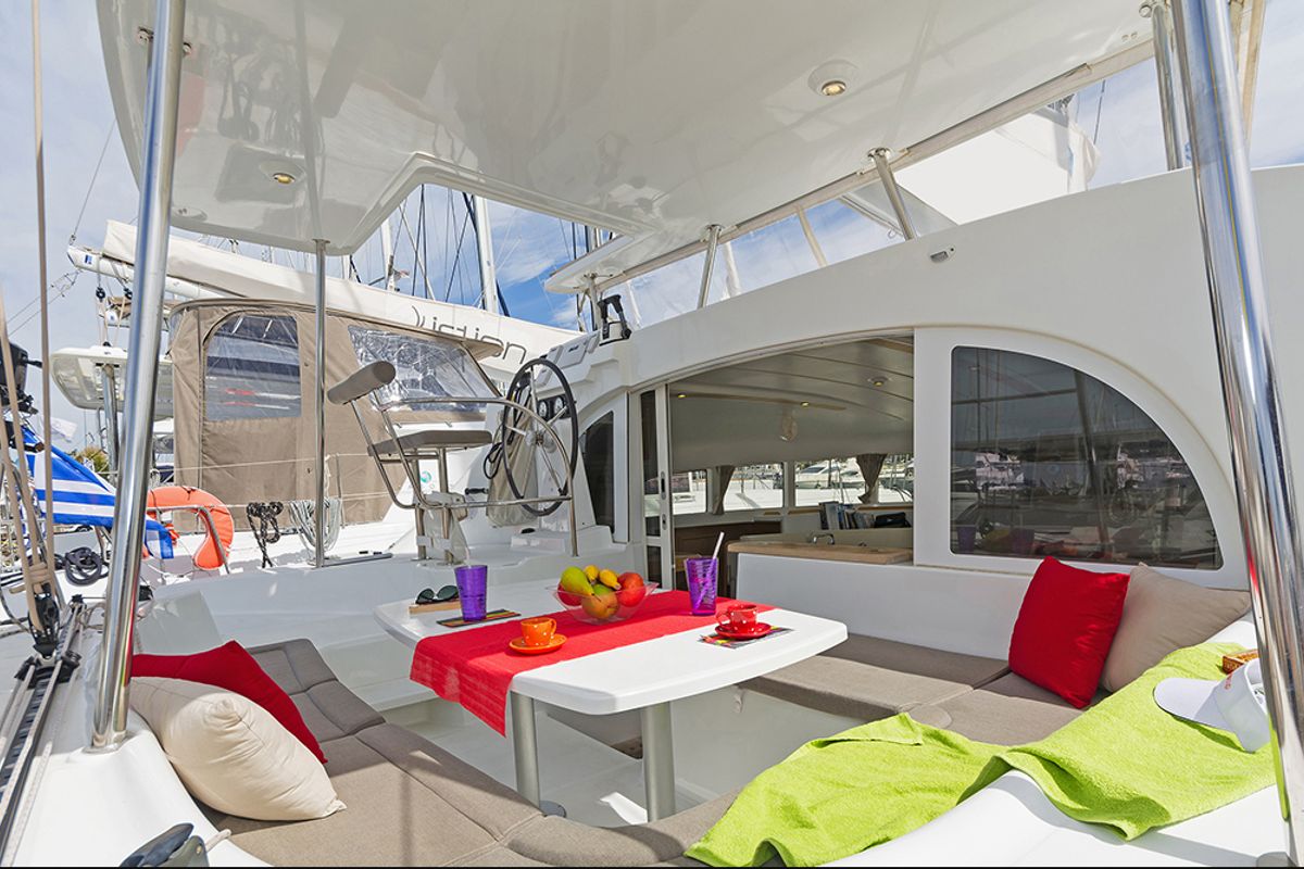 Deck of Bellevue, a Lagoon 380 S2 catamaran at Lavreotiki Municipal Unit, Greece