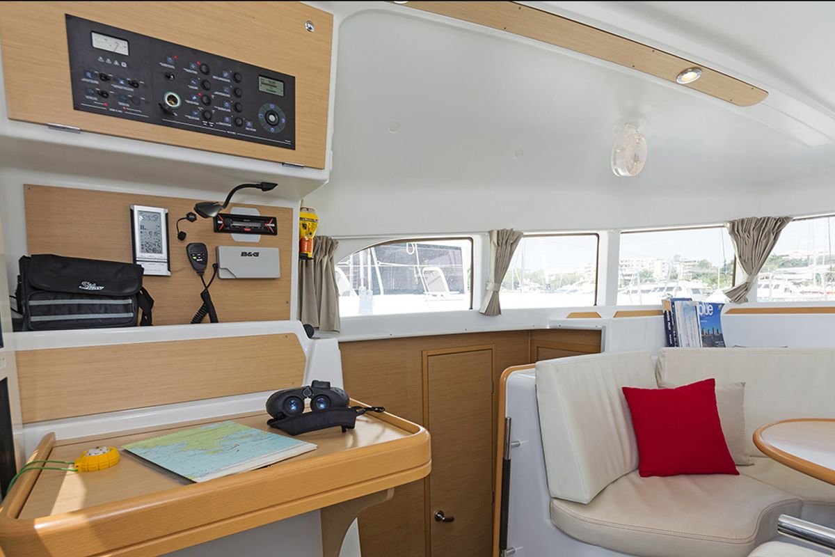 Salon of Bellevue, a Lagoon 380 S2 catamaran at Lavreotiki Municipal Unit, Greece