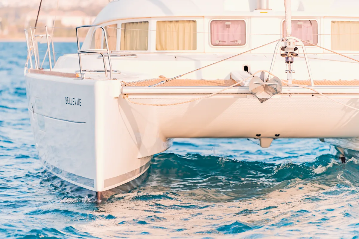 Exterior view of Bellevue, a Lagoon 380 S2 catamaran at Lavreotiki Municipal Unit, Greece