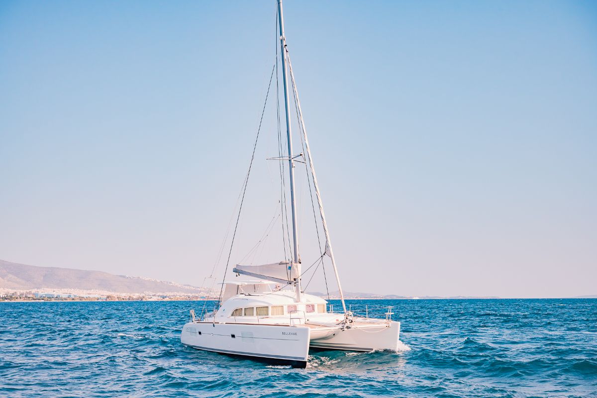 Exterior view of Bellevue, a Lagoon 380 S2 catamaran at Lavreotiki Municipal Unit, Greece