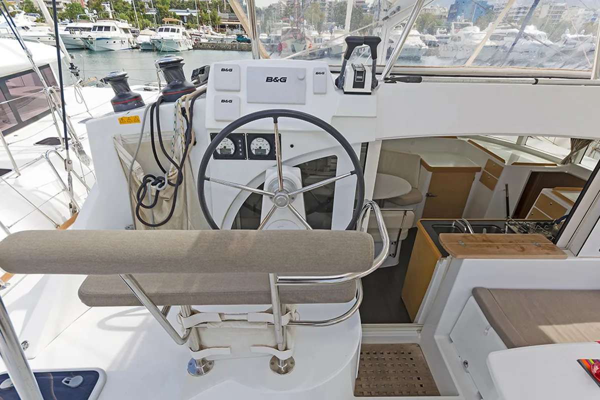 Cockpit of Bellevue, a Lagoon 380 S2 catamaran at Lavreotiki Municipal Unit, Greece
