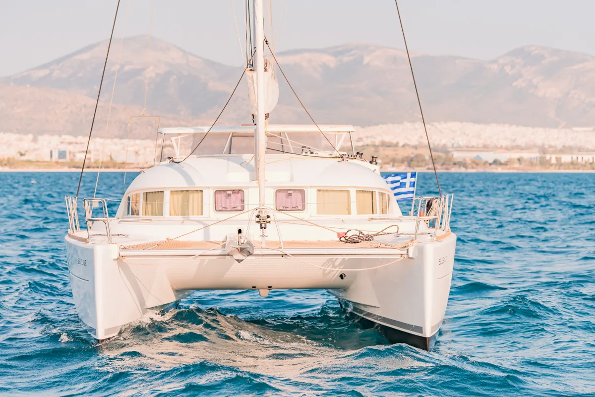 Exterior view of Bellevue, a Lagoon 380 S2 catamaran at Lavreotiki Municipal Unit, Greece