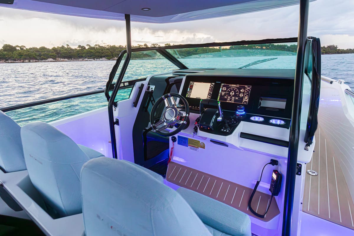 Cockpit of Saxdor 320 GTO, a Saxdor Yachts Saxdor 320 GTO motorboat at Grad Trogir, Croatia