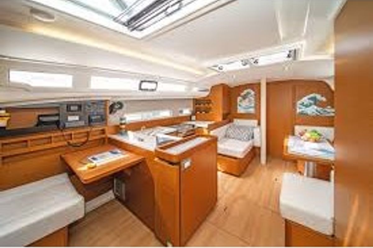 Salon of Evelina, a Jeanneau Sun Odyssey 410 sailboat at Lavreotiki Municipal Unit, Greece