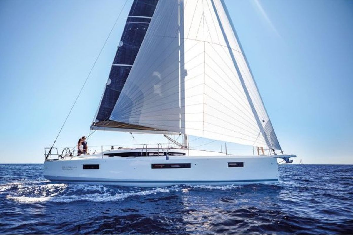 Exterior view of Evelina, a Jeanneau Sun Odyssey 410 sailboat at Lavreotiki Municipal Unit, Greece