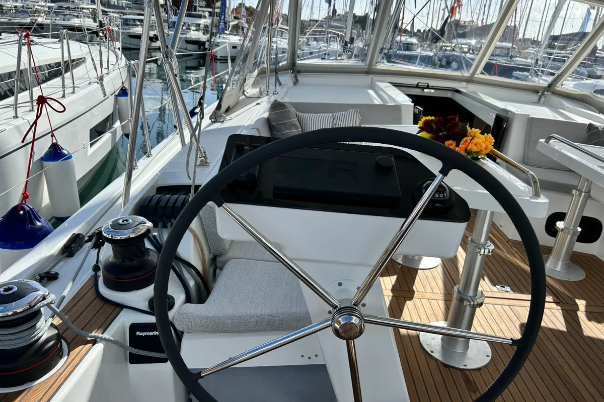 Cockpit of Tide Of Your Life, a Beneteau Oceanis 47 sailboat at Split, Croatia