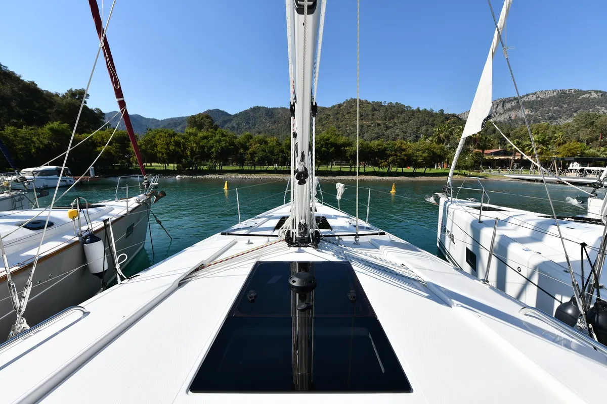 Deck of Lauda, a Hanse Yachts Hanse 418 sailboat at Fethiye, Turkey
