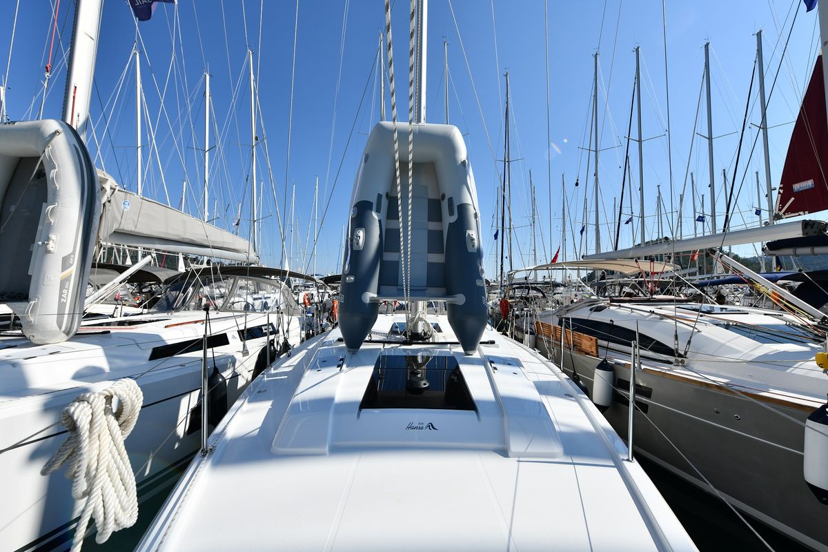 Deck of Lauda, a Hanse Yachts Hanse 418 sailboat at Fethiye, Turkey