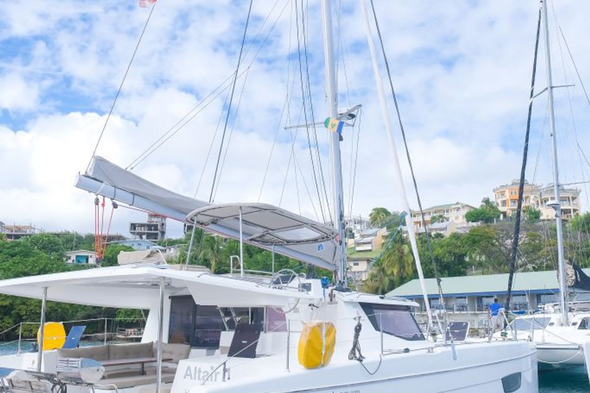 Exterior view of Altair, a Fountaine Pajot Helia 44 catamaran at Ribishi, Saint Vincent and the Grenadines