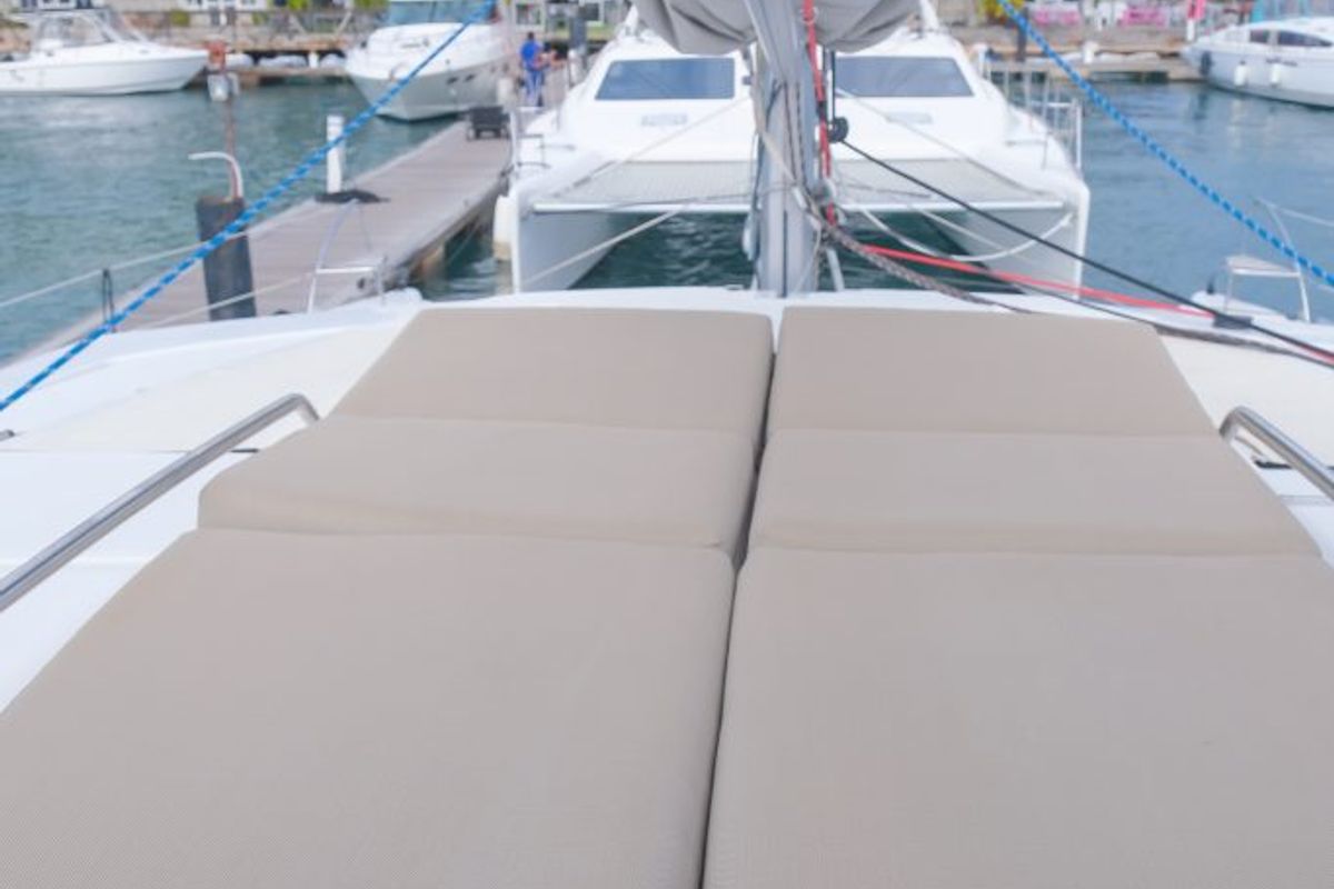 Deck of Altair, a Fountaine Pajot Helia 44 catamaran at Ribishi, Saint Vincent and the Grenadines