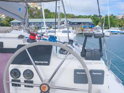 Cockpit of Altair, a Fountaine Pajot Helia 44 catamaran at Ribishi, Saint Vincent and the Grenadines