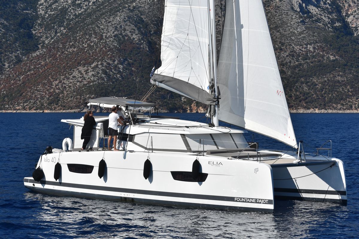 Exterior view of Elia, a Fountaine Pajot Isla 40 catamaran at Municipal Unit of Lefkada, Greece