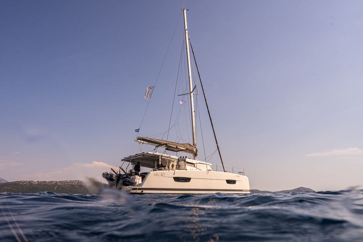 Exterior view of Elia, a Fountaine Pajot Isla 40 catamaran at Municipal Unit of Lefkada, Greece
