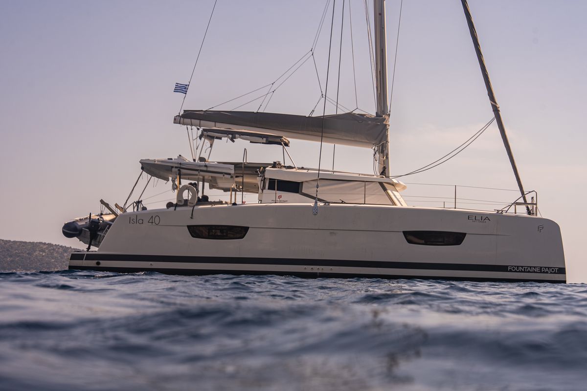 Exterior view of Elia, a Fountaine Pajot Isla 40 catamaran at Municipal Unit of Lefkada, Greece