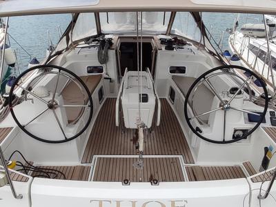 Cockpit of Thoe, a Jeanneau Sun Odyssey 469 sailboat at Volos Municipality, Greece