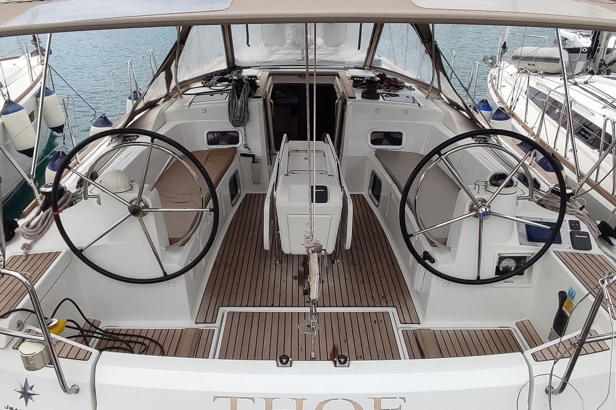 Cockpit of Thoe, a Jeanneau Sun Odyssey 469 sailboat at Volos Municipality, Greece