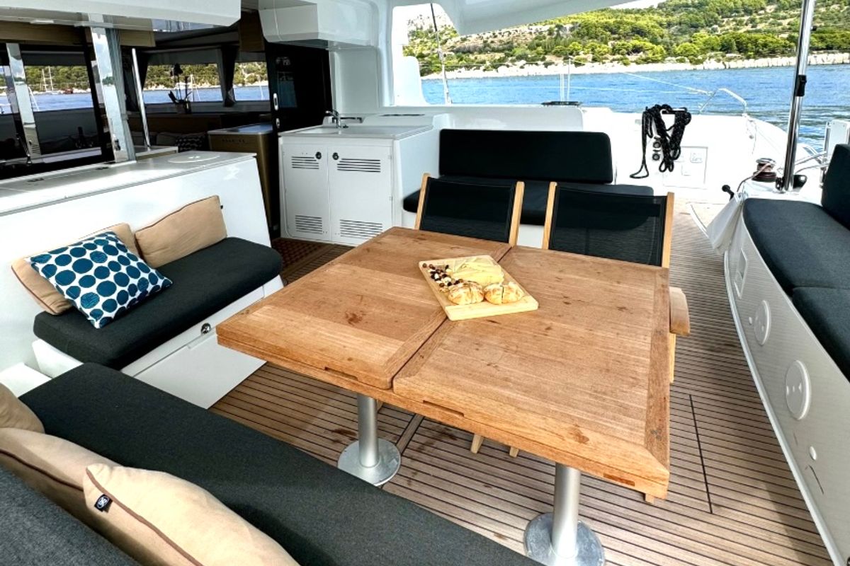 Deck of Hevea, a Lagoon 46 OW catamaran at Grad Kaštela, Croatia