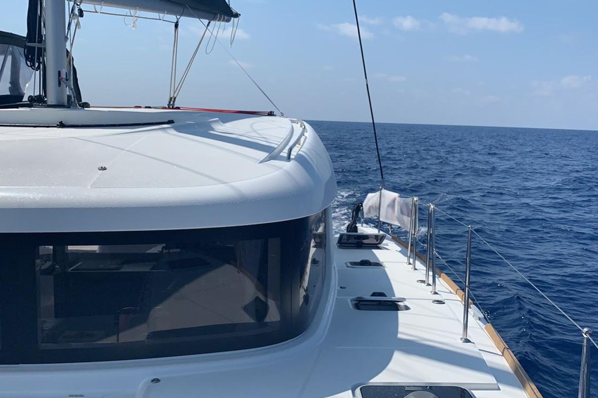 Deck of Samana, a Lagoon 40 catamaran at Capo d'Orlando, Italy