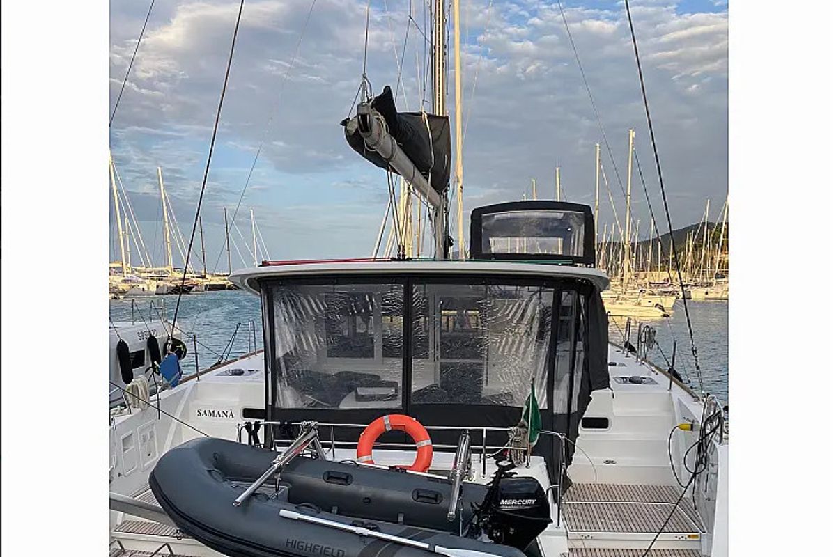 Exterior view of Samana, a Lagoon 40 catamaran at Capo d'Orlando, Italy