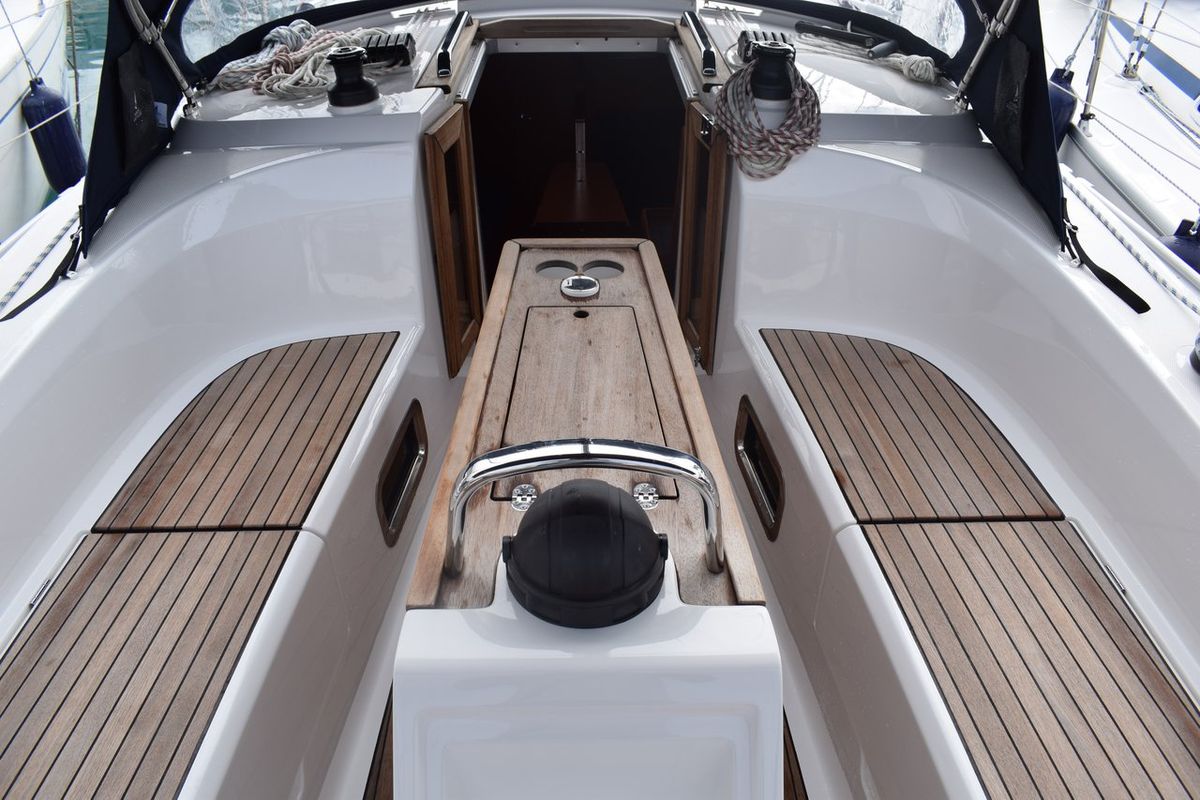 Deck of Studena, a Bavaria Cruiser 34 sailboat at Grad Kaštela, Croatia