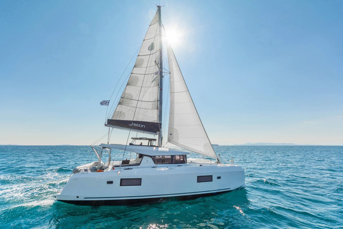 Exterior view of White Pearl, a Lagoon 42 catamaran at Volos Municipality, Greece