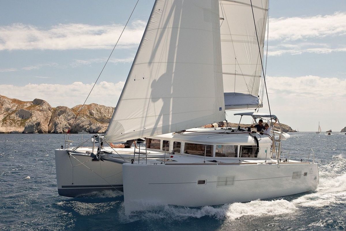Exterior view of Adorable, a Lagoon 400 S2 catamaran at Tonnarella, Italy