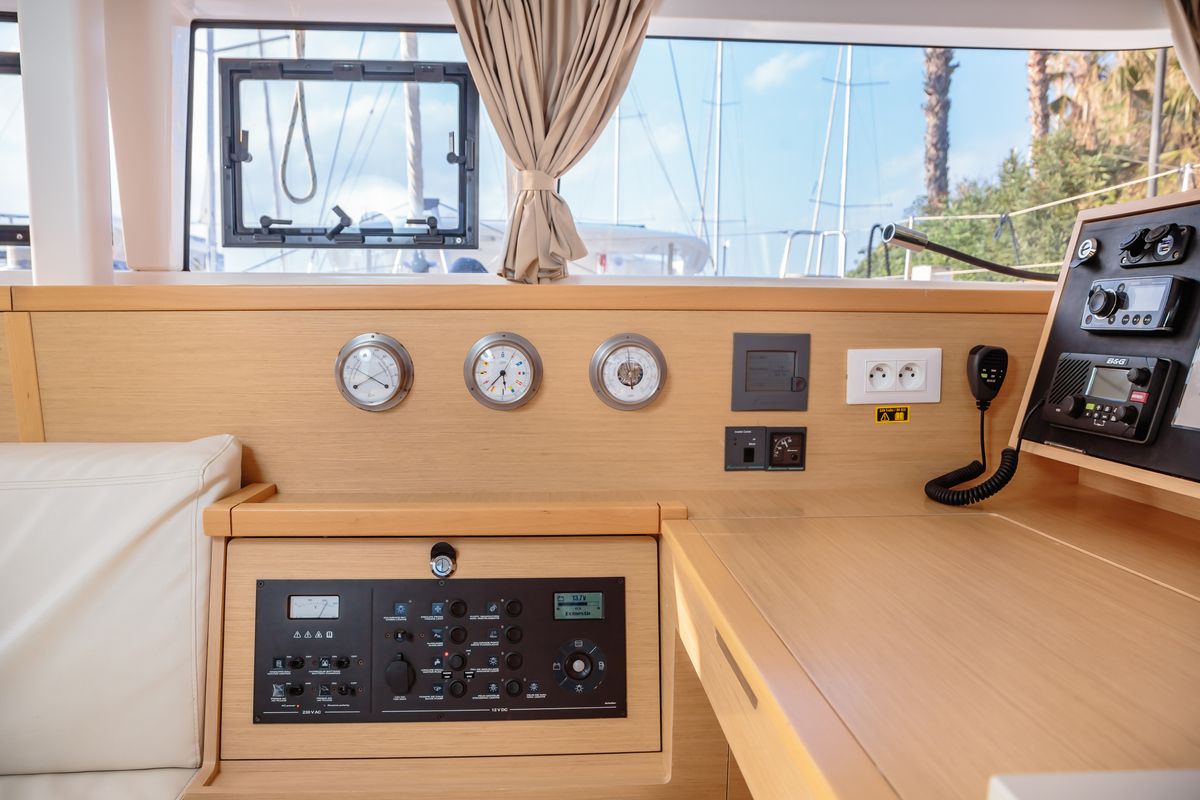Cockpit of Adorable, a Lagoon 400 S2 catamaran at Tonnarella, Italy