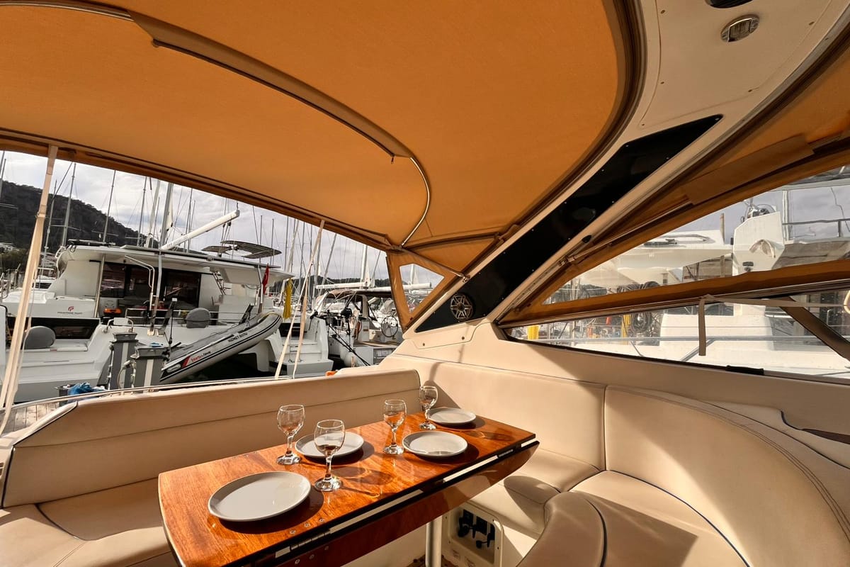 Deck of Amigo, a Bavaria 37 Sport yacht at Fethiye, Turkey