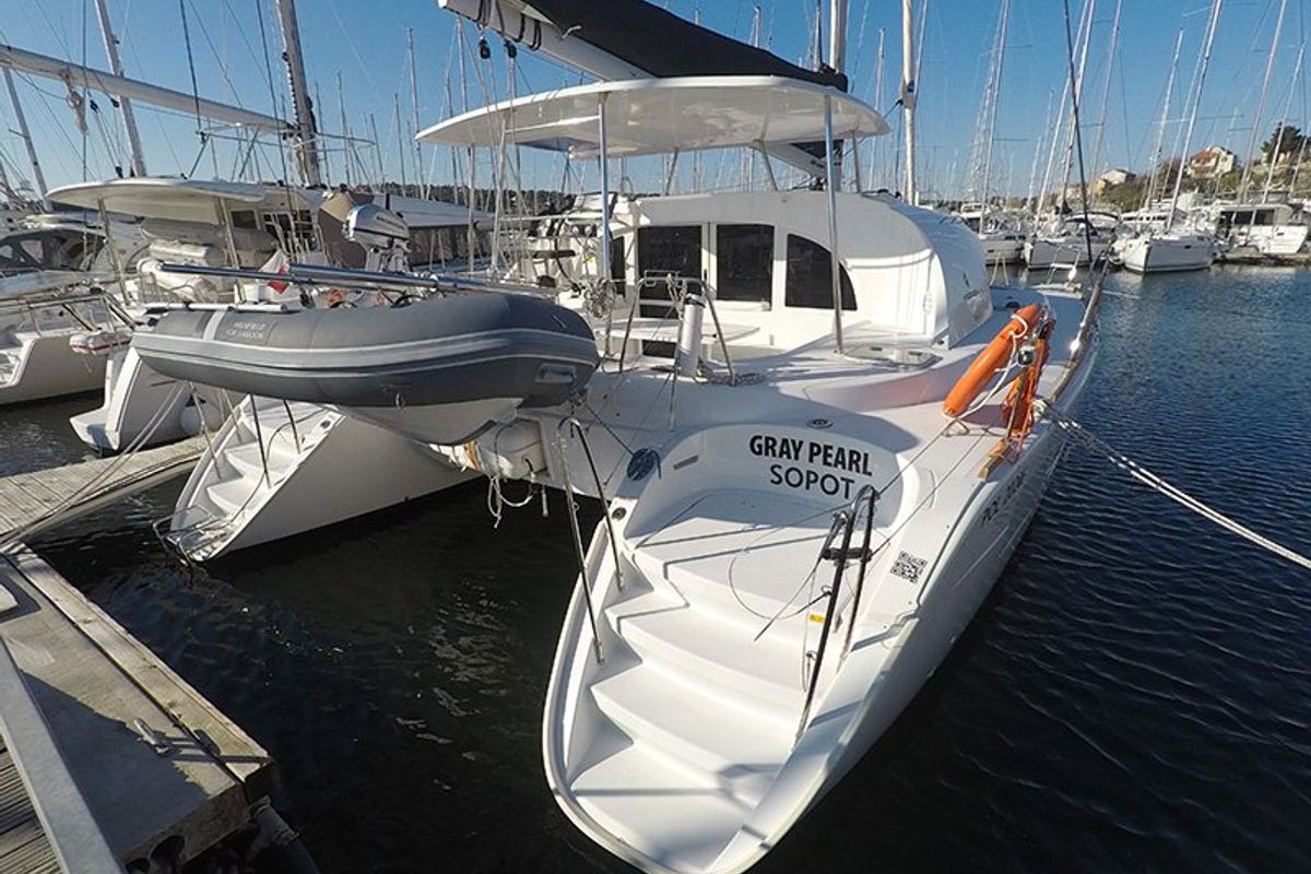Exterior view of Grey Pearl, a Lagoon 380 catamaran at Grad Šibenik, Croatia