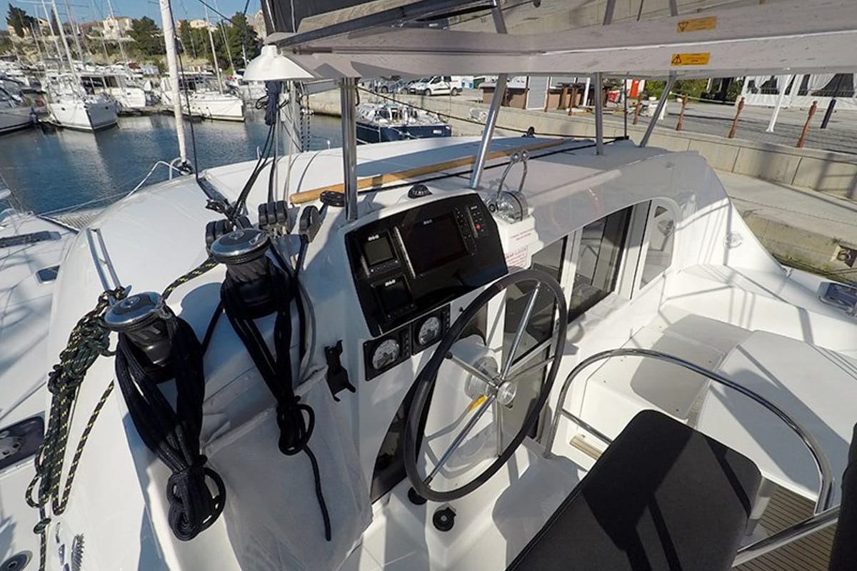 Cockpit of Grey Pearl, a Lagoon 380 catamaran at Grad Šibenik, Croatia