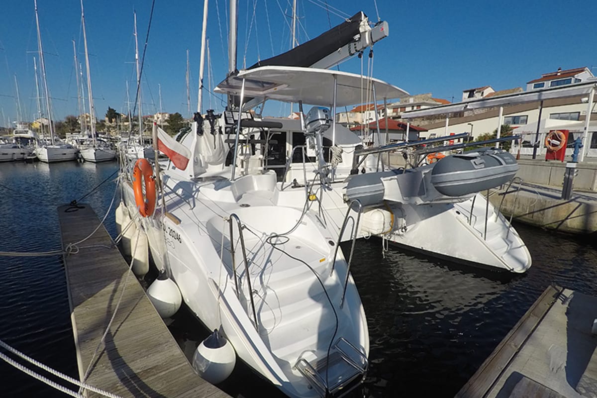 Exterior view of Grey Pearl, a Lagoon 380 catamaran at Grad Šibenik, Croatia