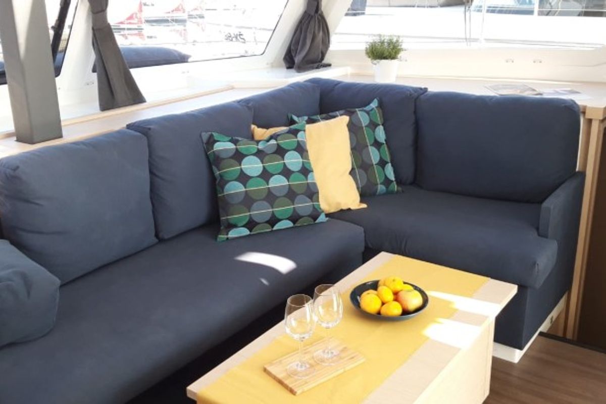 Salon of Nala, a Fountaine Pajot Lucia 40 catamaran at Seget Donji, Croatia
