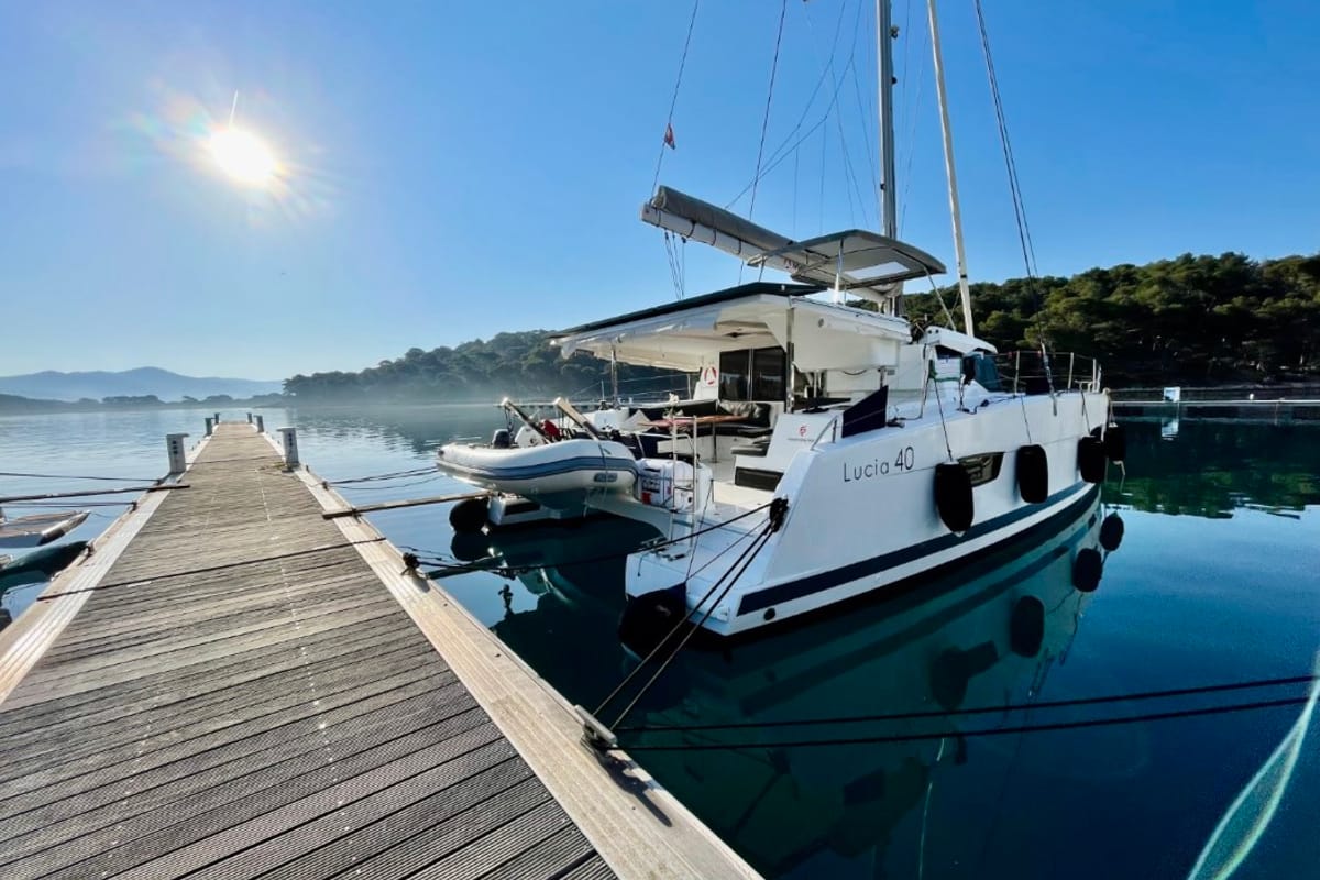 Exterior view of Nala, a Fountaine Pajot Lucia 40 catamaran at Seget Donji, Croatia