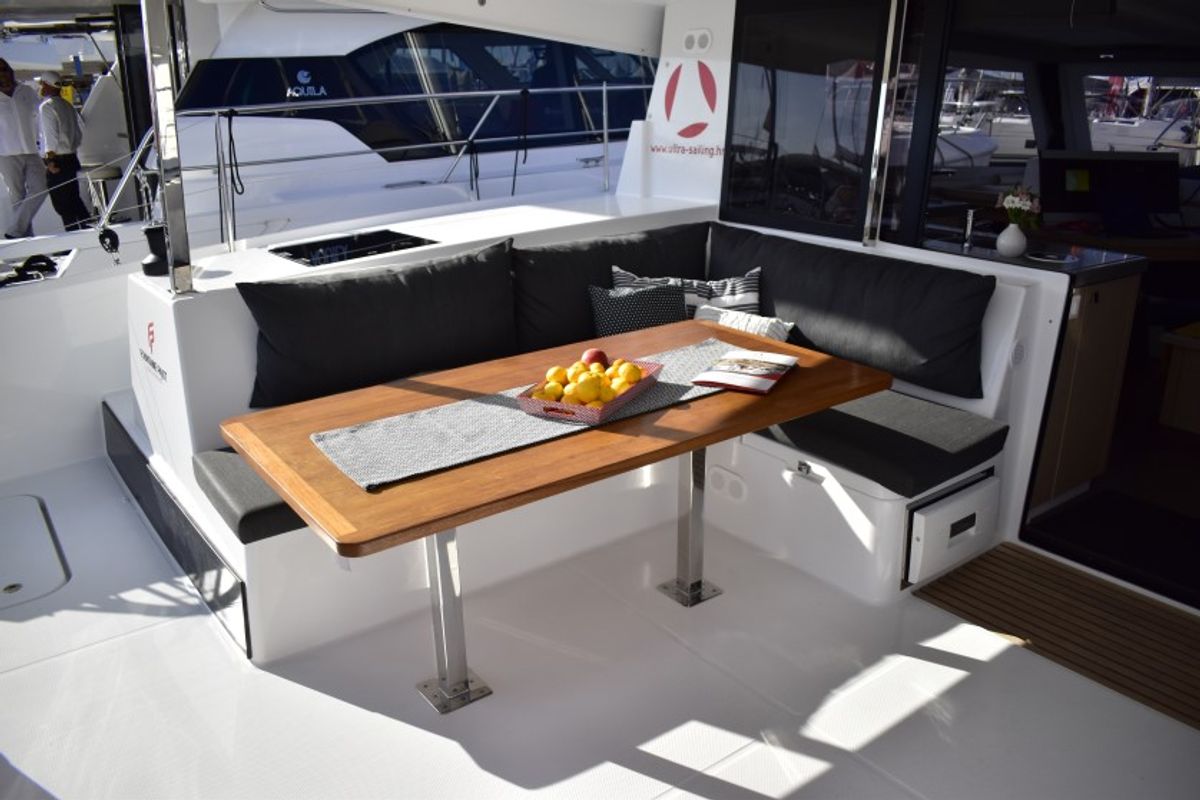 Deck of Nala, a Fountaine Pajot Lucia 40 catamaran at Seget Donji, Croatia