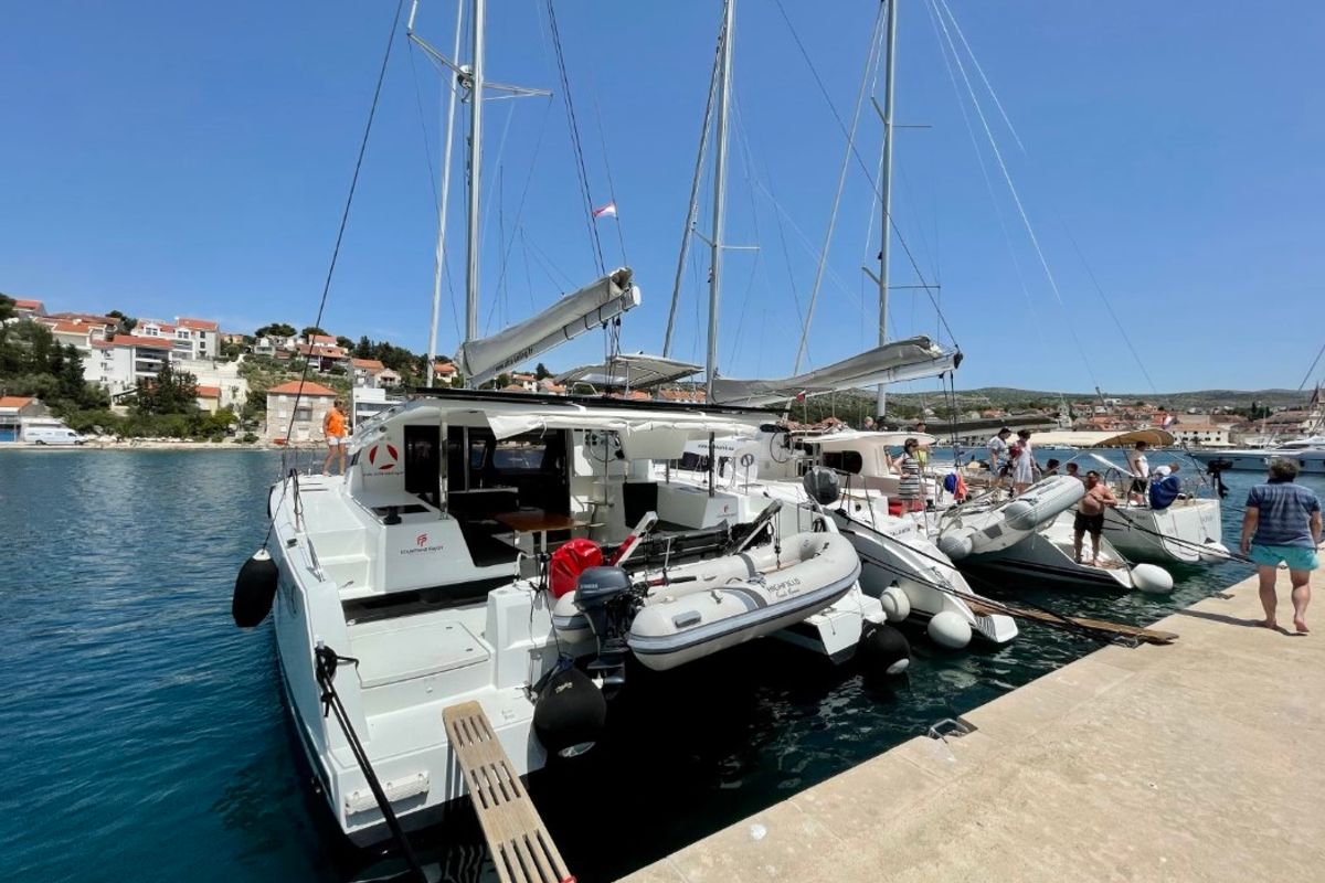 Exterior view of Nala, a Fountaine Pajot Lucia 40 catamaran at Seget Donji, Croatia