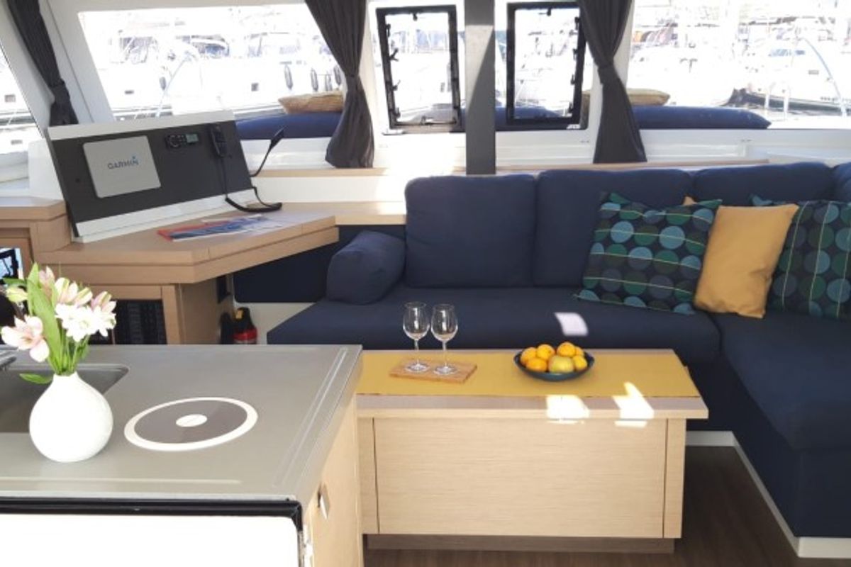 Salon of Nala, a Fountaine Pajot Lucia 40 catamaran at Seget Donji, Croatia