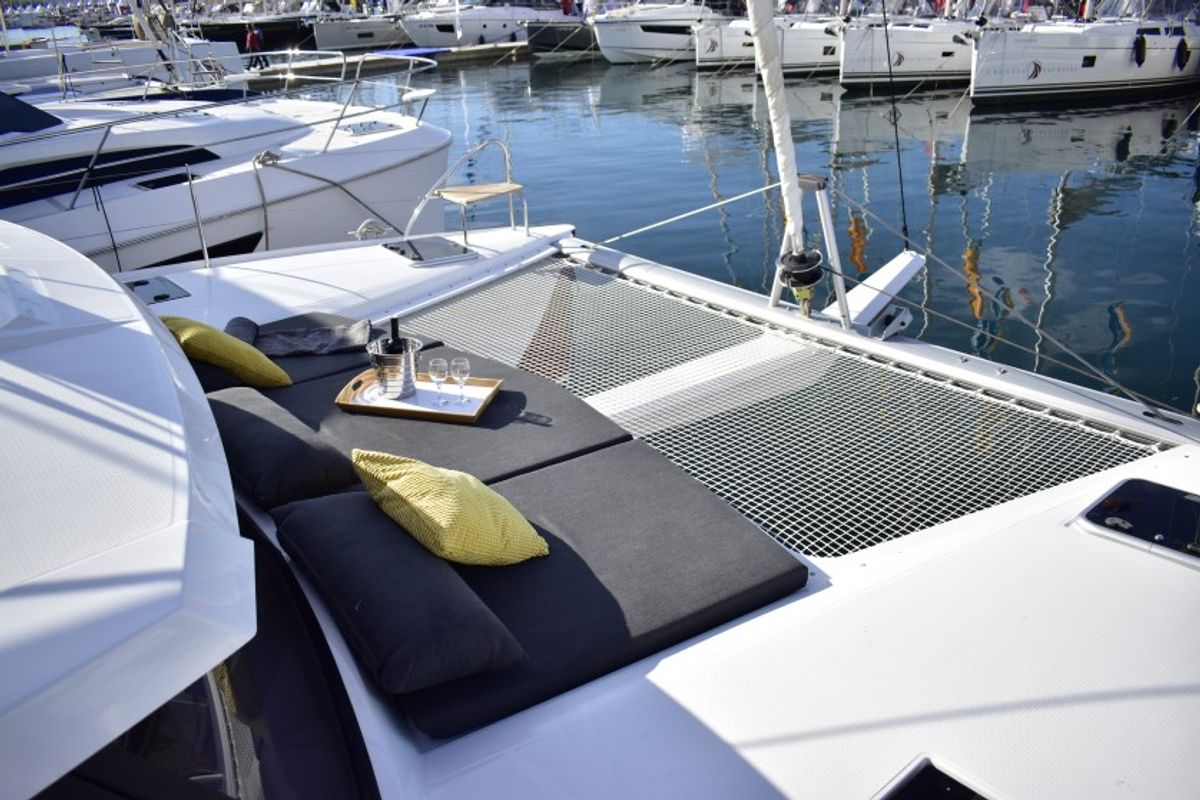 Deck of Nala, a Fountaine Pajot Lucia 40 catamaran at Seget Donji, Croatia