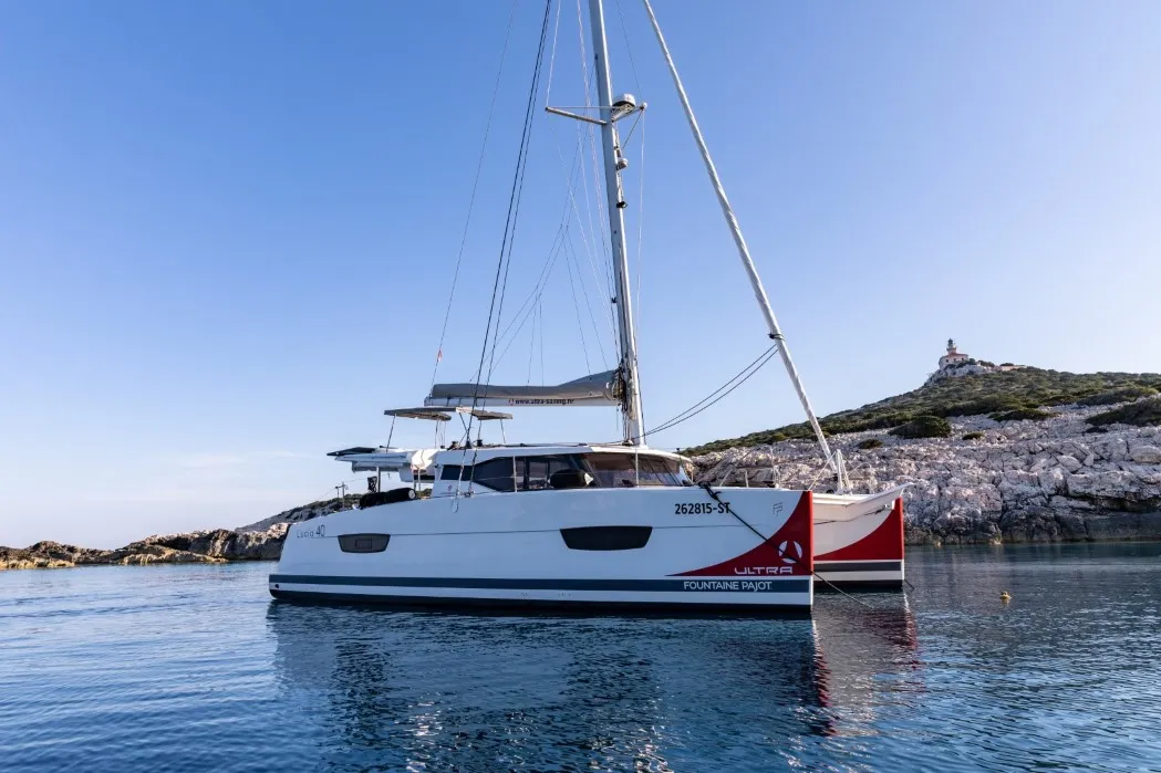 Exterior view of Nala, a Fountaine Pajot Lucia 40 catamaran at Seget Donji, Croatia