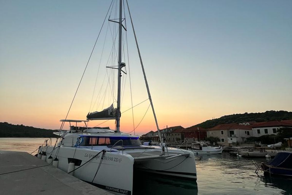 Exterior view of La Grange, a Fountaine Pajot Elba 45 catamaran at Zadar, Croatia