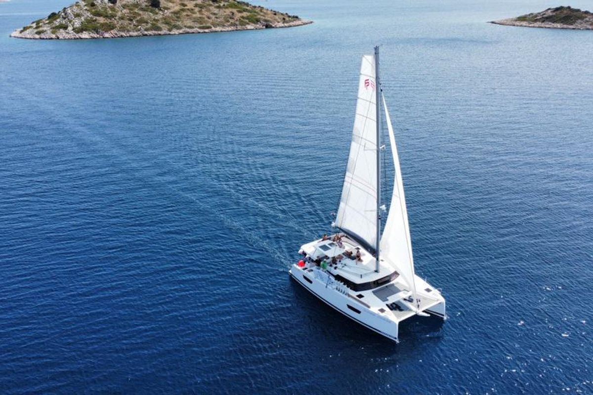 Exterior view of La Grange, a Fountaine Pajot Elba 45 catamaran at Zadar, Croatia