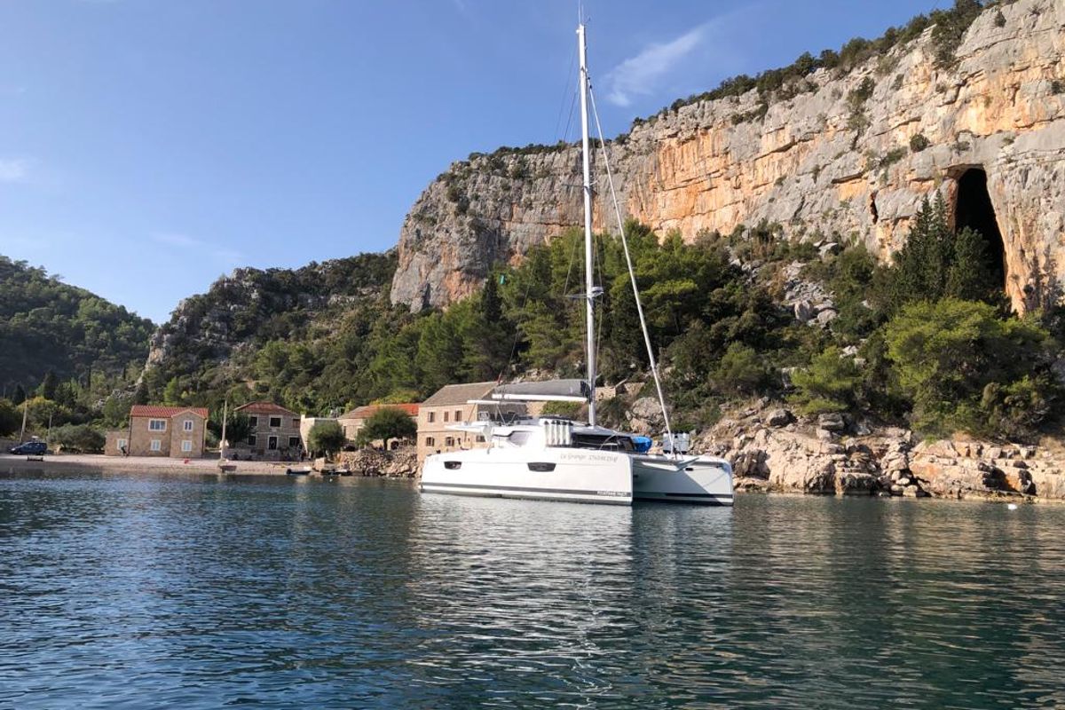 Exterior view of La Grange, a Fountaine Pajot Elba 45 catamaran at Zadar, Croatia