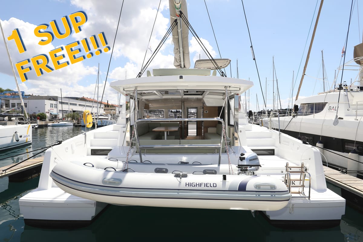 Exterior view of Kamla, a Bali 4.2 catamaran at Grad Biograd na Moru, Croatia