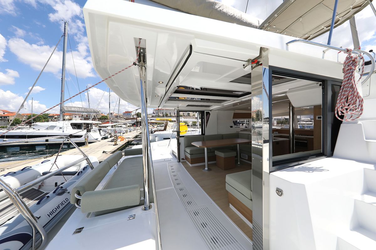 Deck of Kamla, a Bali 4.2 catamaran at Grad Biograd na Moru, Croatia