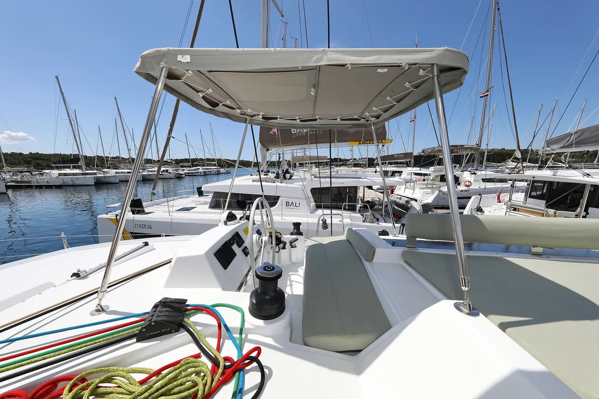 Cockpit of Kamla, a Bali 4.2 catamaran at Grad Biograd na Moru, Croatia