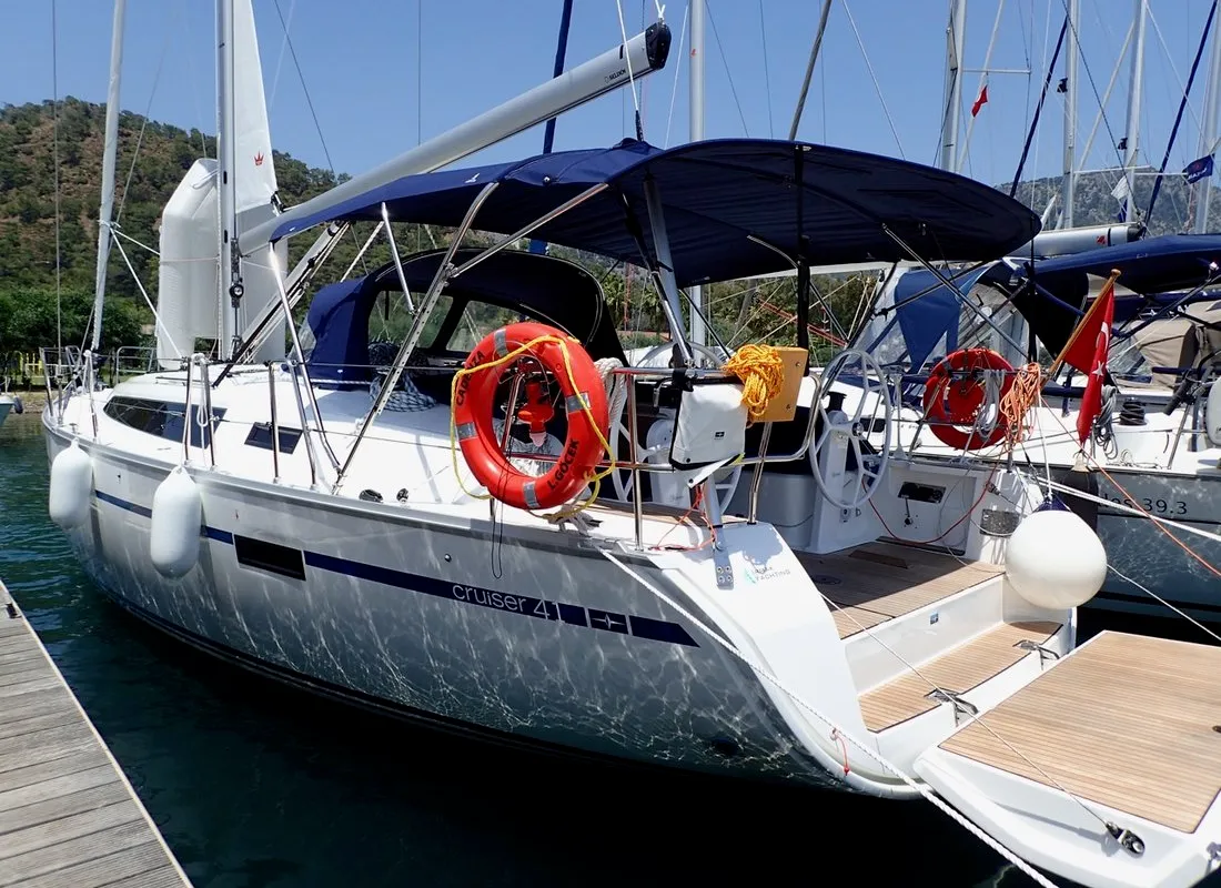 Exterior view of Cadenza, a Bavaria Cruiser 41 sailboat at Fethiye, Turkey