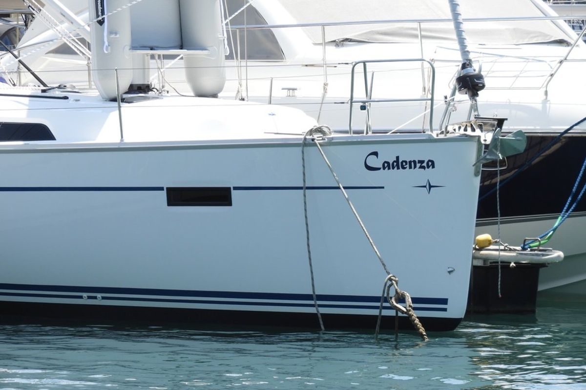 Exterior view of Cadenza, a Bavaria Cruiser 41 sailboat at Fethiye, Turkey