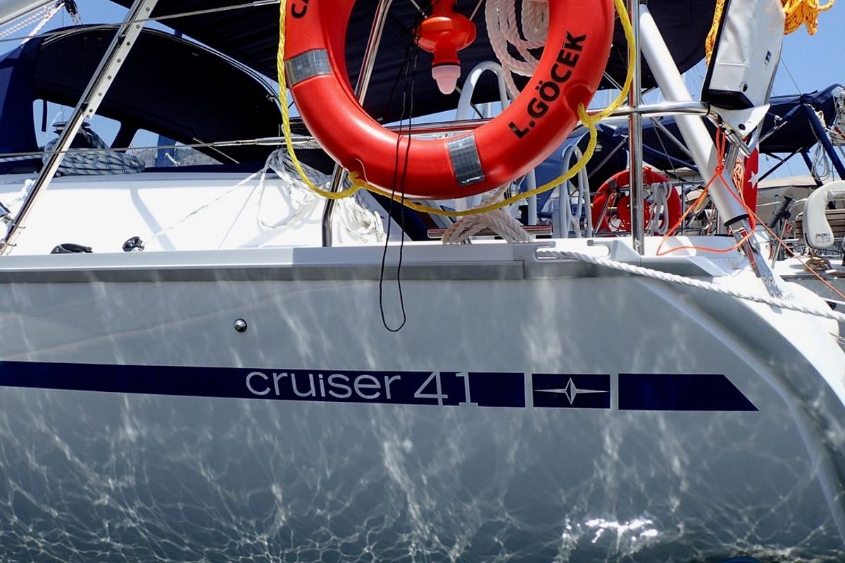 Exterior view of Cadenza, a Bavaria Cruiser 41 sailboat at Fethiye, Turkey