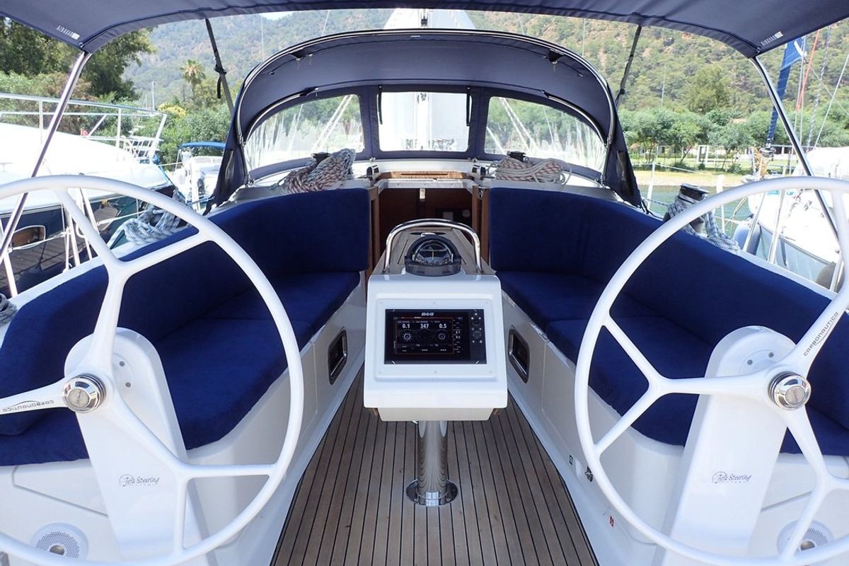 Cockpit of Cadenza, a Bavaria Cruiser 41 sailboat at Fethiye, Turkey