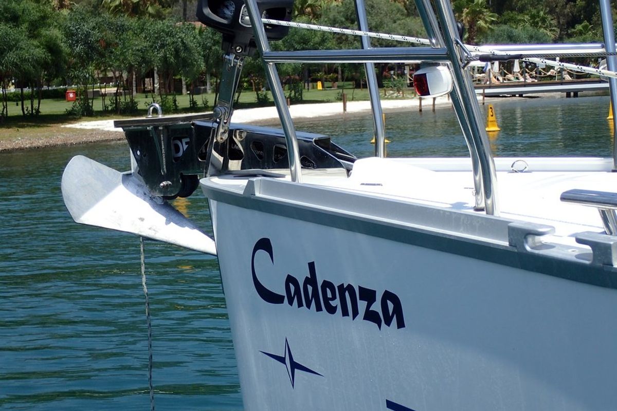 Exterior view of Cadenza, a Bavaria Cruiser 41 sailboat at Fethiye, Turkey